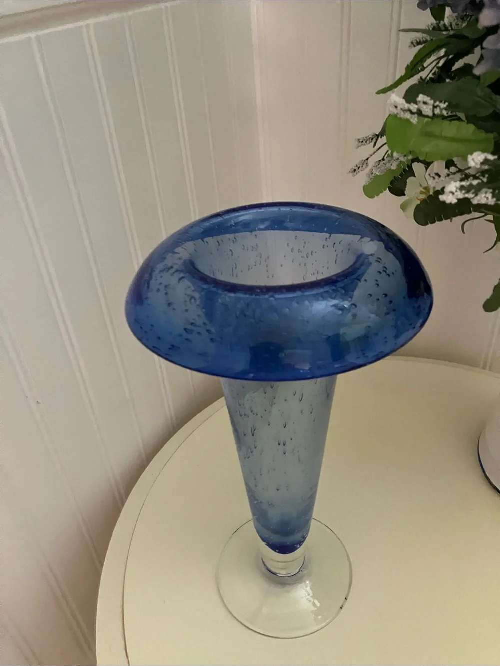 Vintage Hand Blown Cobalt Blue Footed Vase With Folded Trumpet Rim